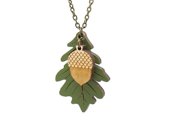 Green oak leaf and acorn necklace - hand painted laser cut necklace