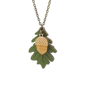 Green oak leaf and acorn necklace - hand painted laser cut necklace