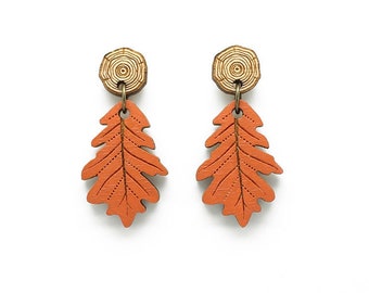 Oak leaf drop earrings - hand painted laser cut earrings