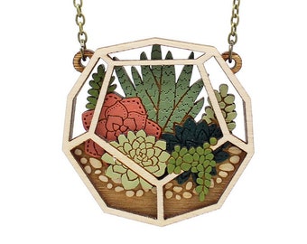 Terrarium necklace - hand-painted laser cut plant necklace