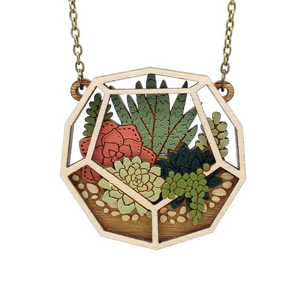 Terrarium necklace - hand-painted laser cut plant necklace