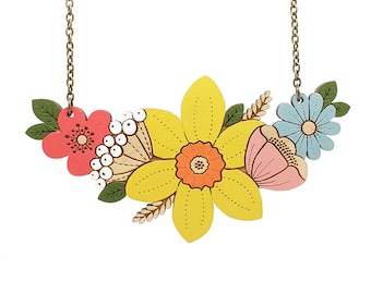 Daffodil spring bouquet necklace ~ hand-painted laser cut flower necklace