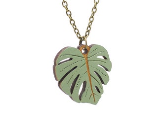 Monstera leaf necklace - hand painted laser cut plant necklace