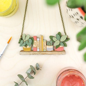 House plants and book shelf necklace Unique personalised gift for plant people Not Personalised