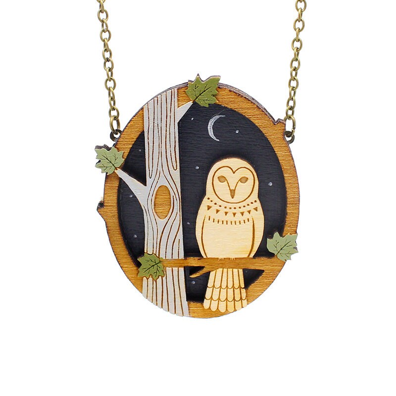 Night owl necklace ~ hand-painted laser cut necklace