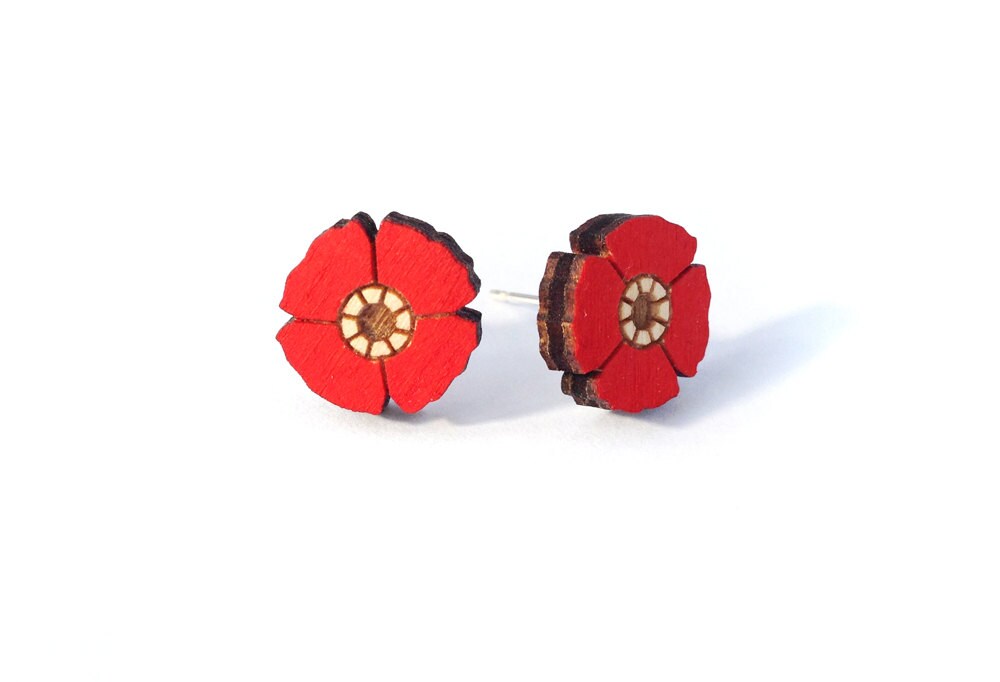 Red flower earrings ~ hand-painted laser cut earrings