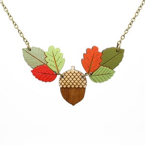 Autumn leaves and acorn necklace hand painted fall necklace image 1