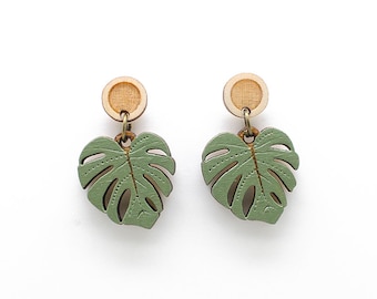 Monstera leaf drop earrings - hand painted laser cut earrings