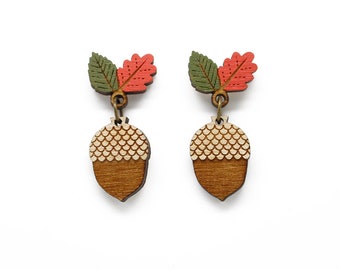 Acorn drop stud earrings - hand painted laser cut earrings