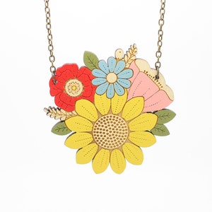 Sunflower posy necklace ~ hand-painted laser cut flower necklace