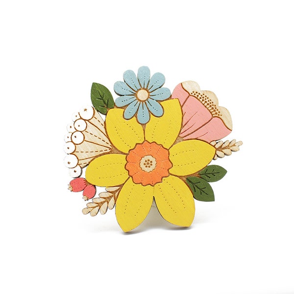 Daffodil spring posy brooch ~ hand-painted laser cut flower brooch