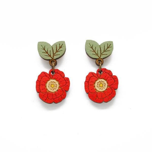 Poppy drop stud earrings - hand painted laser cut flower earrings