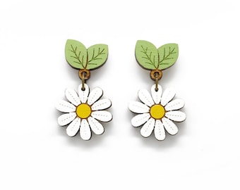 Daisy drop stud earrings - hand painted laser cut flower earrings