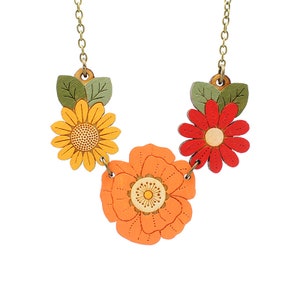 Autumn wild flowers necklace - hand painted laser cut flower necklace