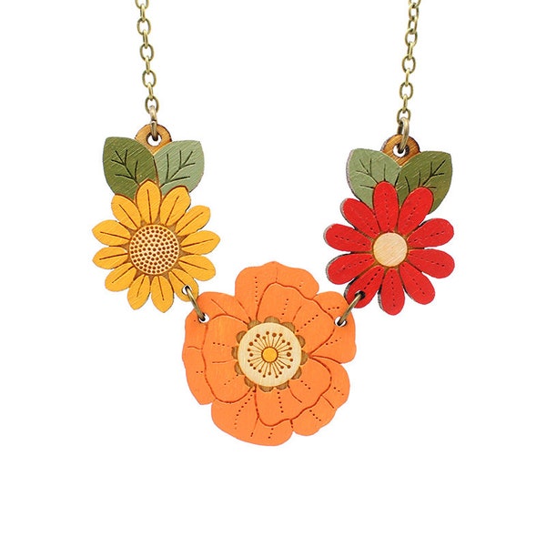 Autumn wild flowers necklace - hand painted laser cut flower necklace