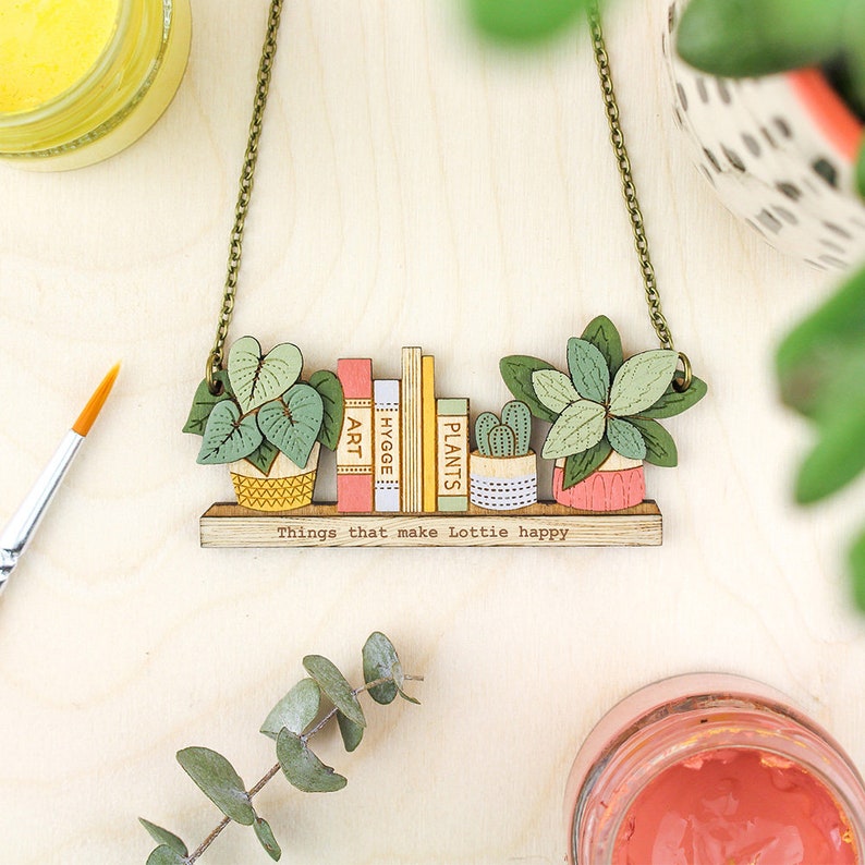 House plants and book shelf necklace Unique personalised gift for plant people image 5