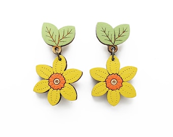 Daffodil drop stud earrings - hand painted laser cut flower earrings