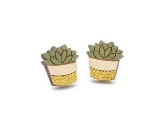 Yellow pot plant stud earrings ~ hand-painted laser cut earrings