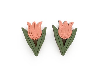 Pink tulip earrings ~ hand-painted laser cut flower earrings