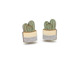 Pot plant stud earrings ~ hand-painted laser cut cactus earrings