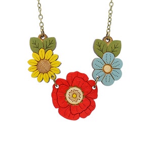 Poppy wild flower necklace - hand painted laser cut flower necklace