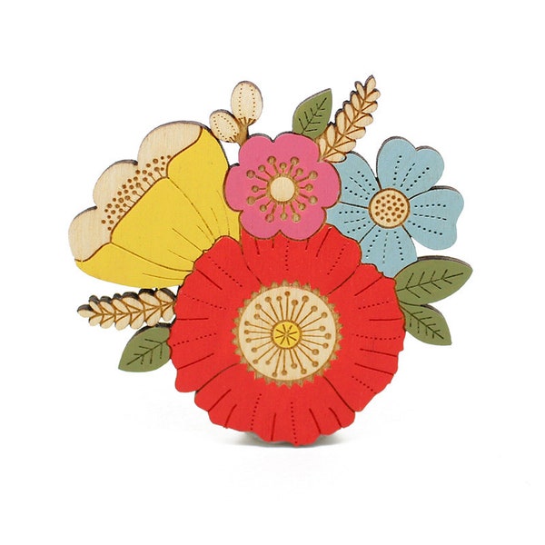 Poppy posy brooch ~ hand-painted laser cut flower brooch