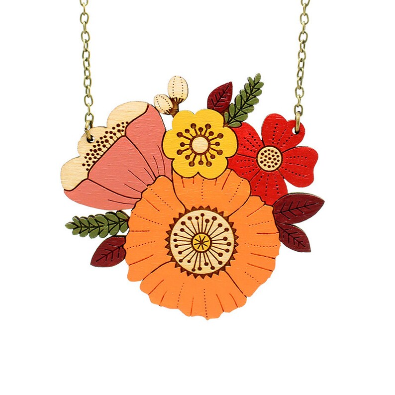 Autumn posy necklace hand-painted laser cut flower necklace image 1