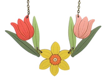 Spring tulips and daffodil necklace ~ hand-painted laser cut flower necklace