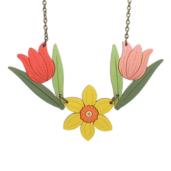 Spring tulips and daffodil necklace ~ hand-painted laser cut flower necklace