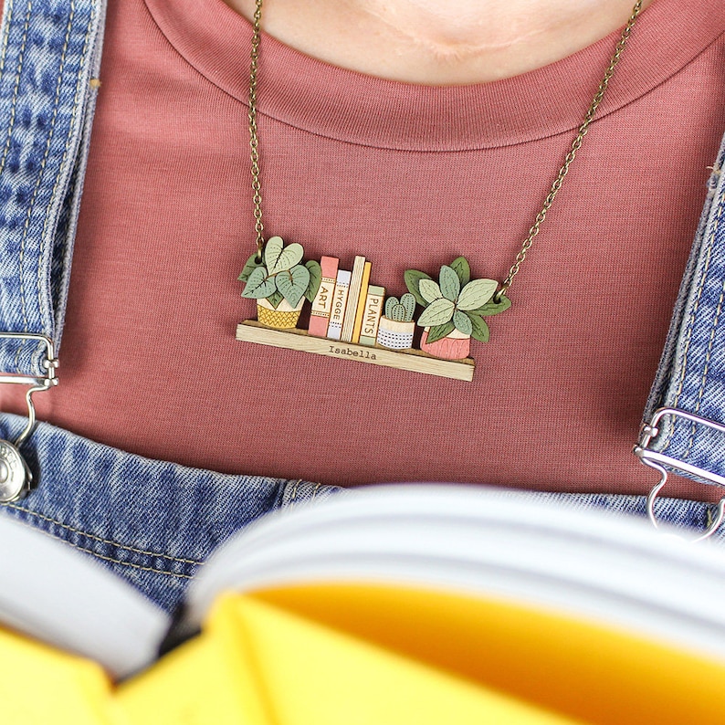 House plants and book shelf necklace Unique personalised gift for plant people Personalised