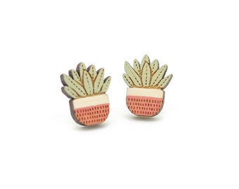 Pink pot plant stud earrings ~ hand-painted laser cut earrings