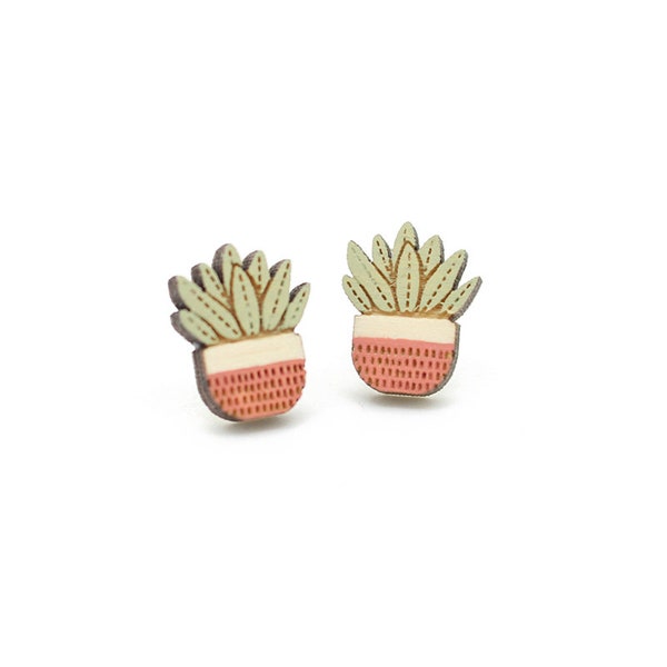 Pink pot plant stud earrings ~ hand-painted laser cut earrings