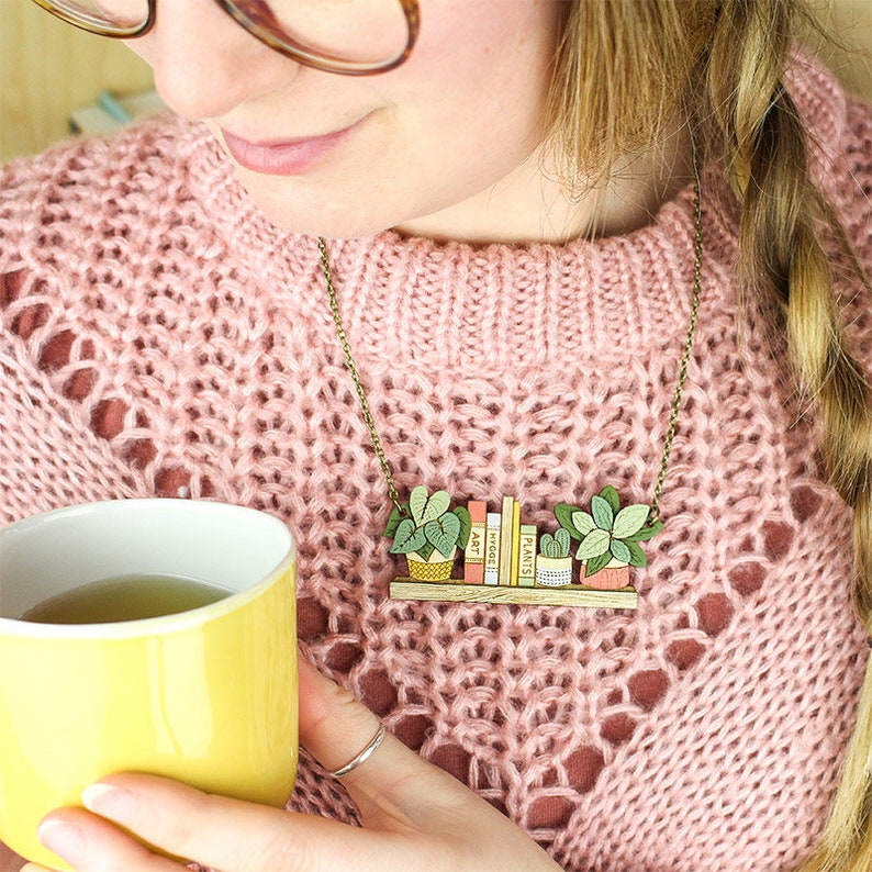 House plants and book shelf necklace Unique personalised gift for plant people image 2