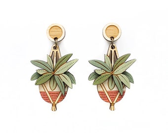 Macrame hanging plant drop earrings - hand painted laser cut earrings