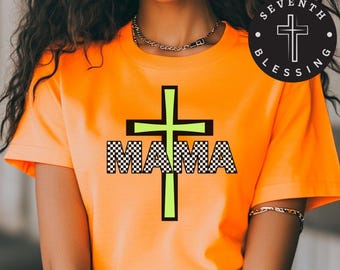 Christian Mama PNG | Neon Cross and Checkered Print Sublimation Design | Faith-Based Graphic for T-Shirts, Mugs & More | Instant Download