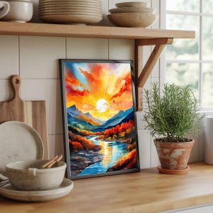 Sunset Mountain Landscape Print: Vibrant Nature Wall Art