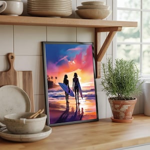 Surfing Sunset Wall Art Print, Beach Ocean Poster, Tropical Summer Decor, Surfer Girls Illustration