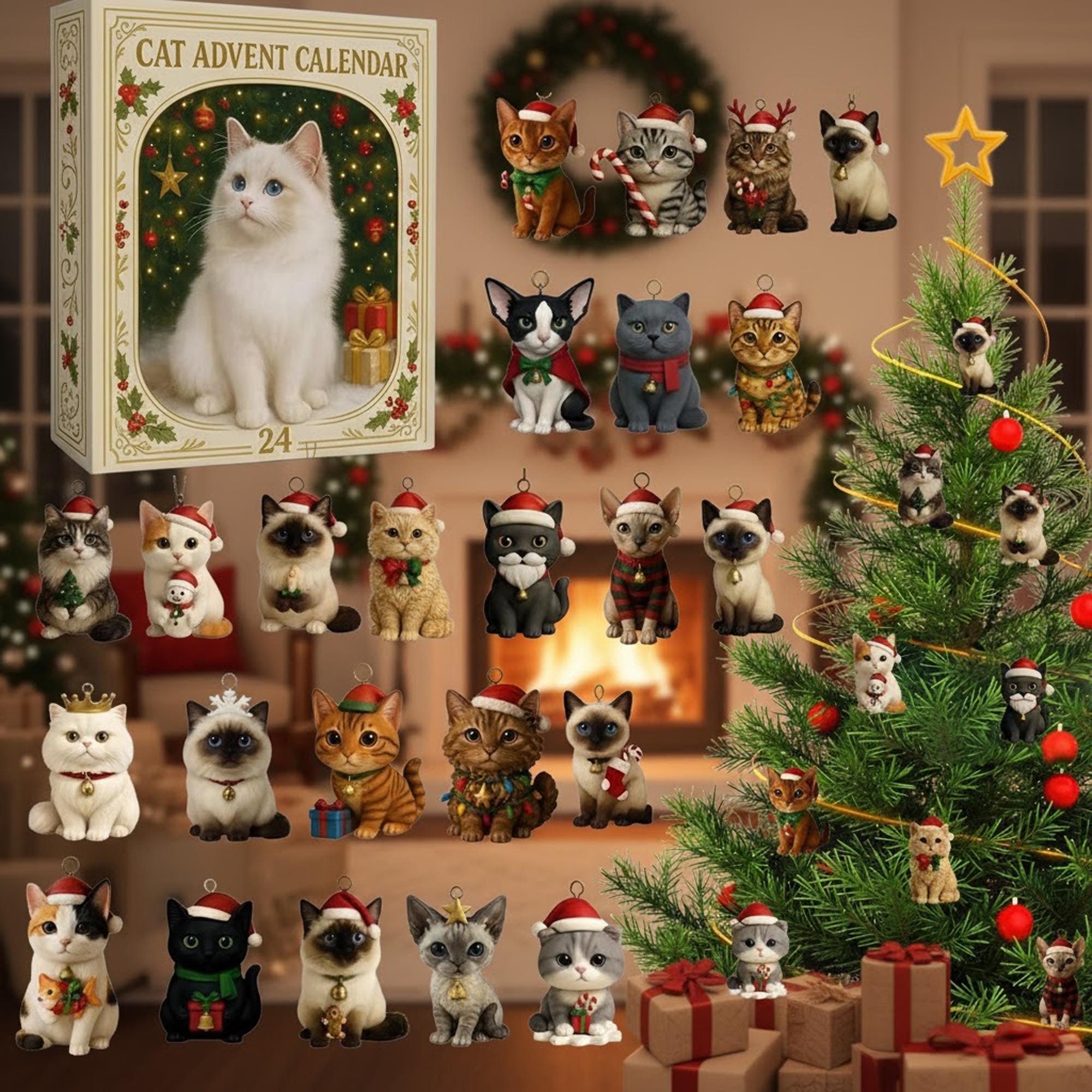 Discover Cat Advent Calendar 2025, 24 Kitten Christmas Ornaments, Holiday Decor