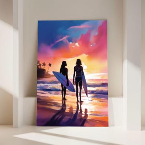 Surfen zonsondergang muurkunst print, poster strand oceaan, decor tropische zomer, illustratie surfermeisjes