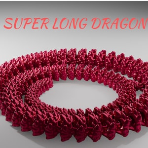 May include: A 3D-printed, ruby-red dragon in a coiled shape. The dragon's body is segmented, with a textured, scale-like appearance. The text "SUPER LONG DRAGON" is above the dragon, and "STL" is to the left.