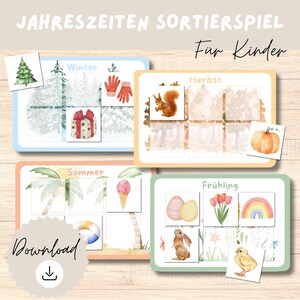 Könnte beinhalten: Ein Lernspiel für Kinder mit vier farbenfrohen Tafeln, die die Jahreszeiten Winter, Herbst, Sommer und Frühling darstellen. Jede Tafel hat passende Bildkarten, darunter ein Weihnachtsbaum, ein Eichhörnchen, Eis und ein Hase. Das Wort "Download" ist ebenfalls sichtbar.