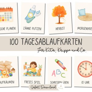 Könnte beinhalten: Ein Set aus 100 Tagesablaufkarten für Kinder mit Aquarellillustrationen von Aktivitäten wie Zähneputzen, Spielen und Lernen. Jede Karte zeigt eine spezifische Aufgabe mit deutschen Textbeschriftungen in einem übersichtlichen Raster.