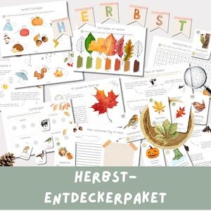 Könnte beinhalten: Eine Sammlung von Lernmaterialien zum Thema Herbst. Das Set enthält Arbeitsblätter mit Illustrationen von Blättern, Kürbissen und Tieren, zusammen mit dem Text "HERBST-ENTDECKERPAKET". Die Farbpalette umfasst warme Töne von Orange, Rot und Grün.