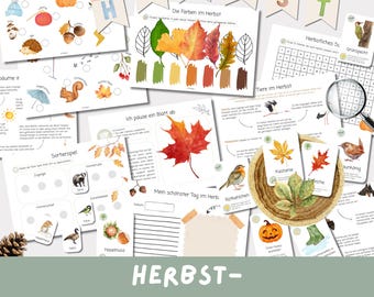 May include: A collection of educational printables with an autumn theme. The set includes worksheets with illustrations of leaves, pumpkins, and animals, along with the text "HERBST-ENTDECKERPAKET". The color palette features warm tones of orange, red, and green.