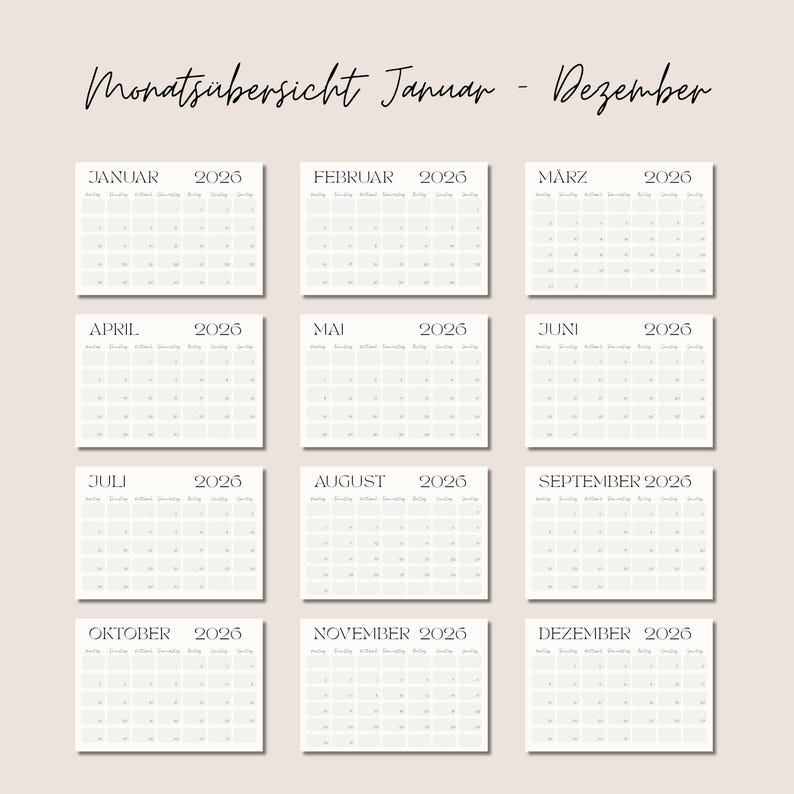 Kalender 2026 Zum Ausdrucken | Minimalistischer Wandkalender PDF