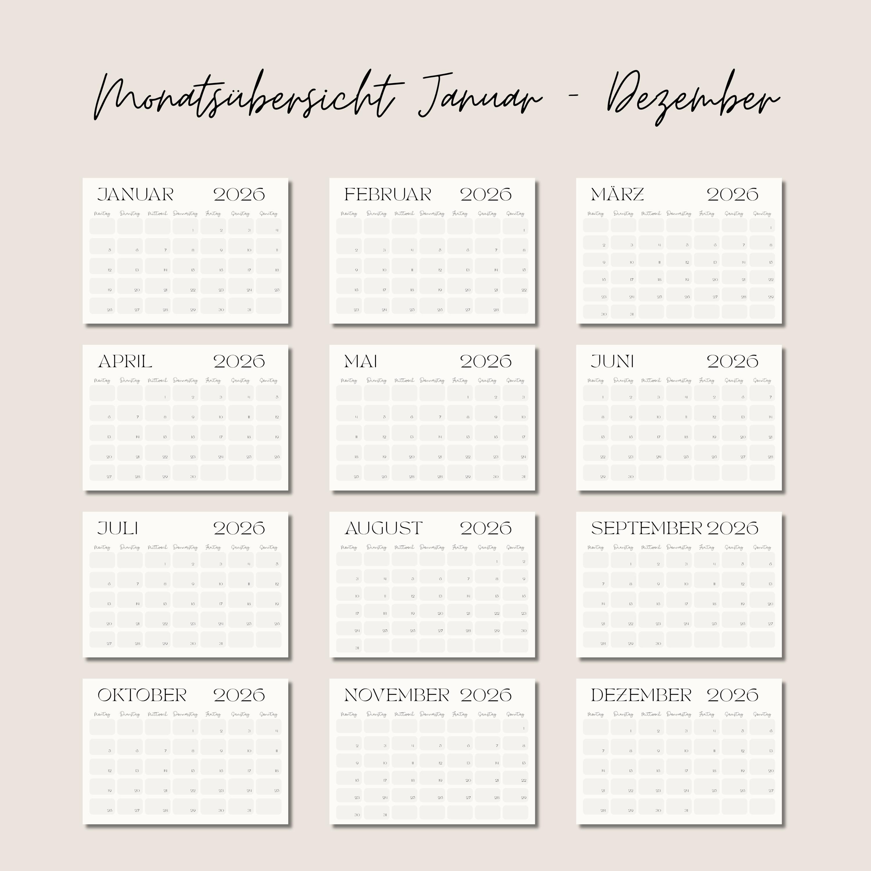 Kalender 2026 Zum Ausdrucken | Minimalistischer Wandkalender PDF