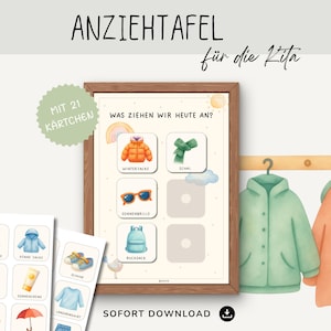 Op de afbeelding: Een ingelijste educatieve poster met de tekst "ANZIEHTAFEL" en "WAS ZIEHEN WIR HEUTE AN?" toont illustraties van kledingstukken zoals een winterjas, sjaal, zonnebril en rugzak. De poster bevat de tekst "MIT 21 KÄRTCHEN" en "SOFORT DOWNLOAD".