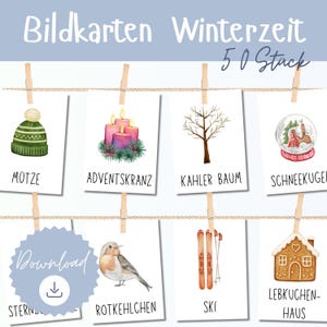 Könnte beinhalten: Eine Sammlung von Aquarellillustrationen zum Thema Winter, darunter eine grüne Mütze, brennende Kerzen, ein kahler Baum, eine Schneekugel, ein Vogel, Skier und ein Lebkuchenhaus. Der Text "Bildkarten Winterzeit 50 Stück" ist oben.