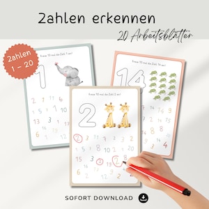 May include: Educational worksheets for learning numbers 1-20. The image shows three worksheets with numbers, illustrations, and the text "Zahlen erkennen" and "20 Arbeitsblätter". A hand is circling numbers with a red pen.