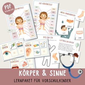 Könnte beinhalten: Eine Sammlung von Lernmaterialien für Vorschulkinder. Das Set enthält illustrierte Diagramme von Körperteilen, Sinnen und Aktivitäten. Der Haupttitel lautet "KÖRPER & SINNE" (Körper & Sinne) und "LERNPAKET FÜR VORSCHULKINDER" (Lernpaket für Vorschulkinder).